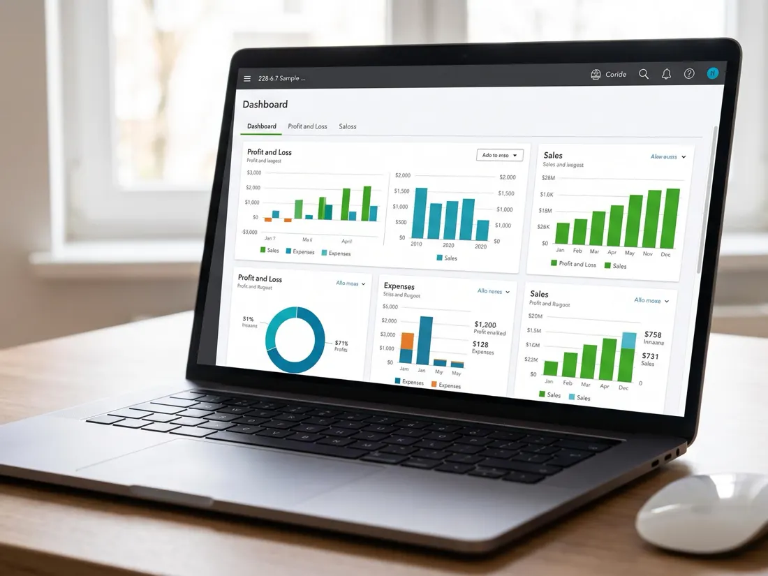 A laptop on a desk showing a bookkeeping dashboard of profit and loss, expenses and sales charts